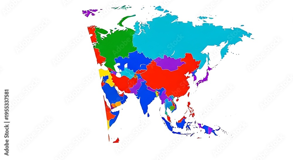 Fototapeta premium Vibrant asia map with colorful countries on white background