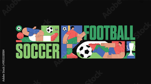 A colorful illustration of kids playing football and soccer with trophy