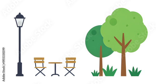 tree, park, bench, chair, table, streetlight, lamp, nature, outdoor, garden, landscape, urban, city, public, green, grass, plant, wood, seat, furniture, lighting, light, pole, decoration, environment,