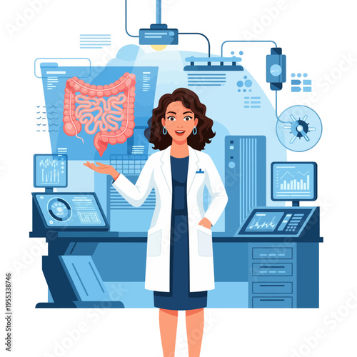 Female Scientist Presenting Human Intestine Digital Model in Lab