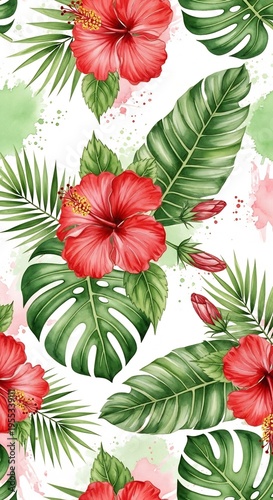 Vibrant Tropical Hibiscus Flower and Palm Leaf Pattern Seamless Watercolor Illustration.
