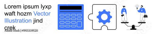Business planning, finance tools, teamwork, problem-solving, decision-making, system optimization. A calculator, gear inside puzzle piece and two people on a balanced scale. Business planning