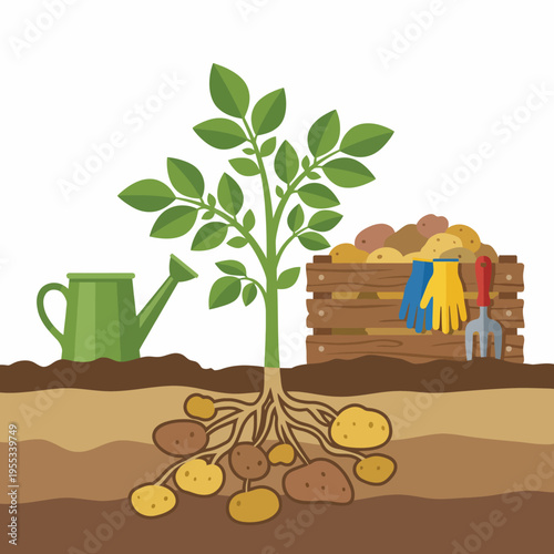 An illustration showcasing a potato plant with visible roots and potatoes underground, alongside gardening tools and a watering can, emphasizing growth and farming.
