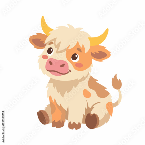 A charming illustration of a cute cow with light fur and a playful smile, representing a joyful connection with nature and animals in a friendly cartoon style.