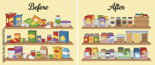 A graphic illustration comparing a cluttered pantry to a neatly organized one, highlighting the importance of organization in maintaining a clean and efficient kitchen space.