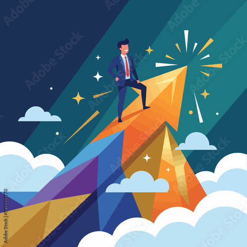 This striking image illustrates a determined businessman standing atop a colorful mountain peak, symbolizing ambition and the pursuit of success amidst clouds and sunshine.