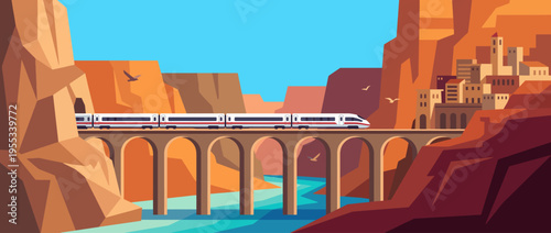 This vibrant illustration features a high-speed train elegantly crossing a beautiful viaduct, showcasing stunning landscapes and the harmony of modern transportation with nature.
