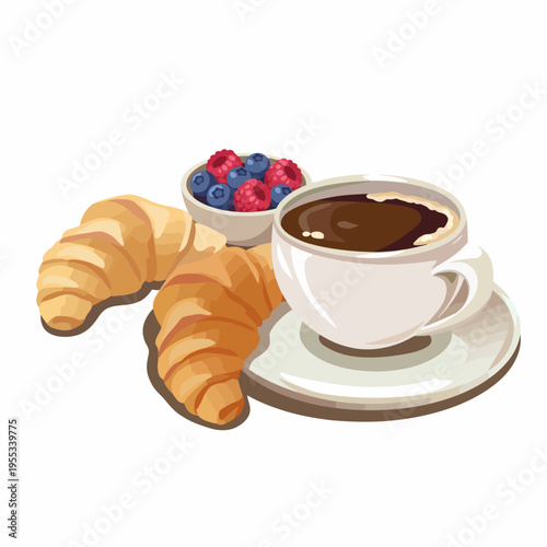 The image features a steaming cup of coffee alongside two buttery croissants and a bowl of fresh berries, inviting you to enjoy a delightful breakfast experience.