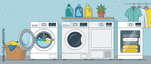 This image depicts a modern laundry room featuring various appliances such as a washing machine, dryer, and neatly organized laundry baskets and clothes on a rack.
