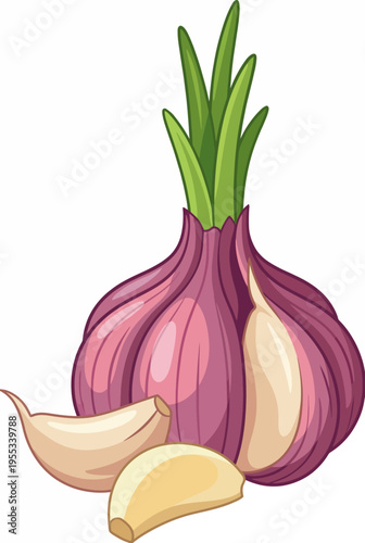 A vibrant illustration of a garlic bulb with green sprouts, showcasing its fresh appearance and multiple cloves, perfect for food-related content or culinary themes.