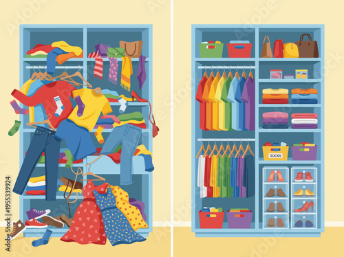 A split illustration displaying the contrast between a messy closet overflowing with clothes and a neatly organized closet showcasing order and tidiness for a peaceful environment.