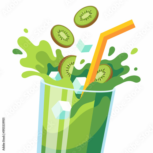 A vibrant green smoothie explodes in a splash with fresh kiwi slices and ice cubes, embodying the essence of health, vitality, and refreshing flavor.