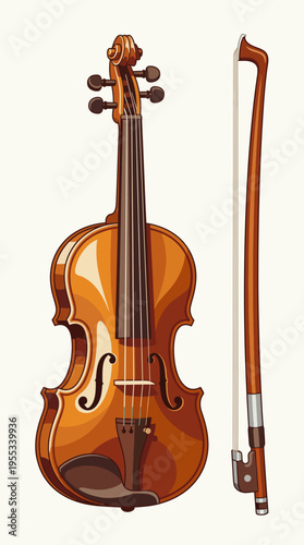 A beautifully crafted violin and bow showcased against a light background, highlighting the intricate details and warm wood textures of the musical instrument.