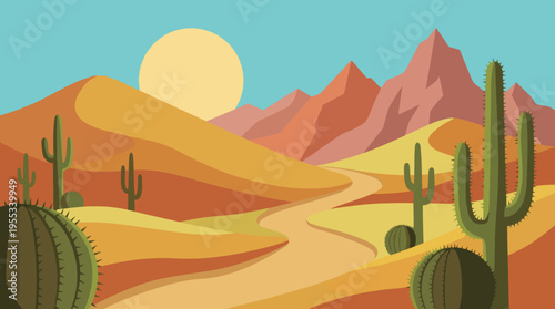 A stunning desert panorama at golden hour, featuring majestic mountains and cacti bathed in warm hues, evoking feelings of solitude and adventure in nature.