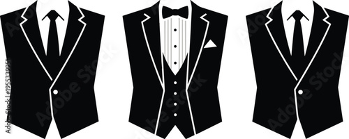 WebFormal mens suit and tuxedo silhouette set with necktie and bowtie icons for wedding celebration gala and corporate business events