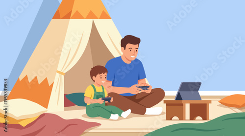 A heartwarming scene featuring a father and son happily playing video games together inside a cozy tent setup, surrounded by cushions and soft lighting for a comfortable atmosphere.