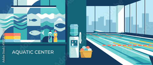 A sleek and modern aquatic center featuring a pristine swimming pool and organized facilities, encapsulating a space for fitness, leisure, and community engagement through aquatic activities.