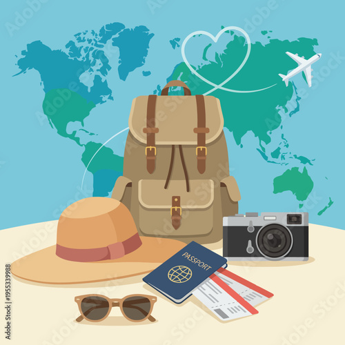 A visually appealing arrangement of travel essentials, including a backpack, passport, camera, and hat, set against a map backdrop symbolizing adventure and exploration around the world.