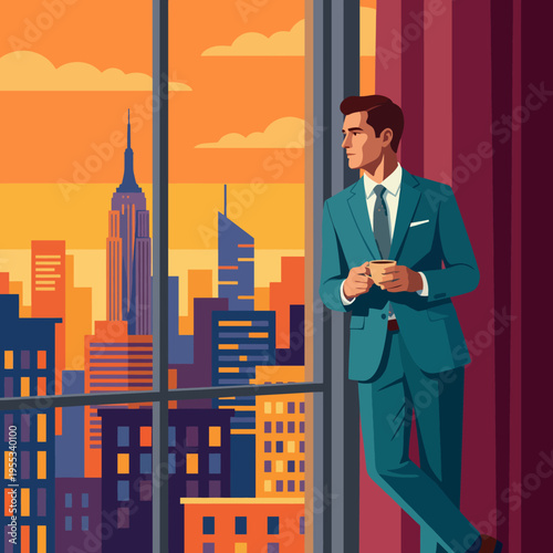 A stylish portrayal of a man enjoying a drink while gazing out at a stunning city skyline at sunset, symbolizing tranquility, ambition, and the beauty of urban life.