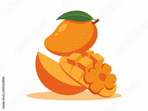 An appetizing depiction of a mango sliced to reveal fresh fruit cubes, capturing the essence of tropical delights and vibrant flavors, perfect for food-related themes in designs.