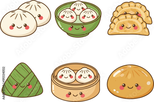 WebKawaii dim sum set with cute smiling dumplings baozi gyoza zongzi and mantou icons for Chinese food and Asian cuisine