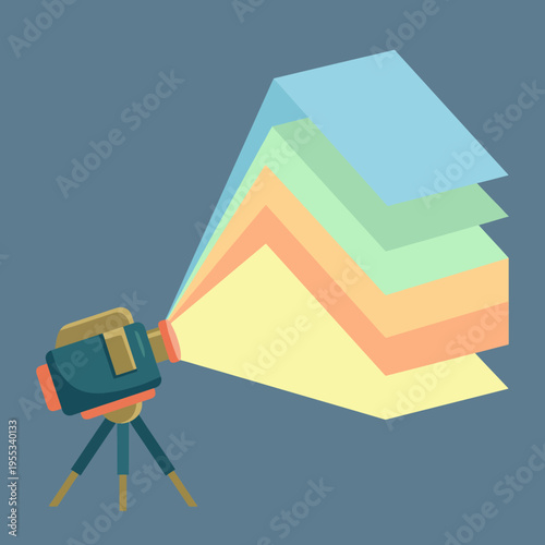 This image depicts a retro projector casting colorful sheets of light, symbolizing creativity and the magic of storytelling through visual media. It evokes nostalgia and artistic inspiration.
