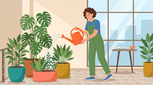 A delightful image of a person watering indoor plants with a bright orange watering can, illustrating the joy and responsibility of nurturing greenery in living spaces.