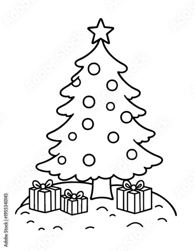 Simple and bold outline of christmas tree with gifts coloring page