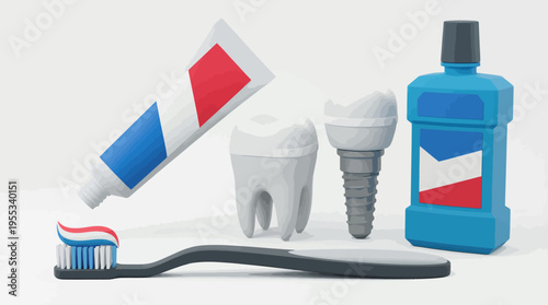 An assortment of essential dental care products, including a toothbrush, paste, and mouthwash, showcases the importance of oral hygiene in keeping healthy smiles.