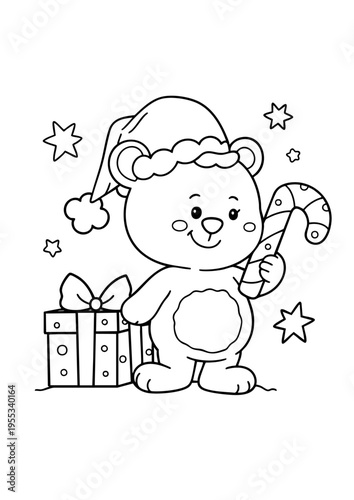 Simple and bold outline of teddy bear standing beside a cristmas gift and holding candy stick coloring page