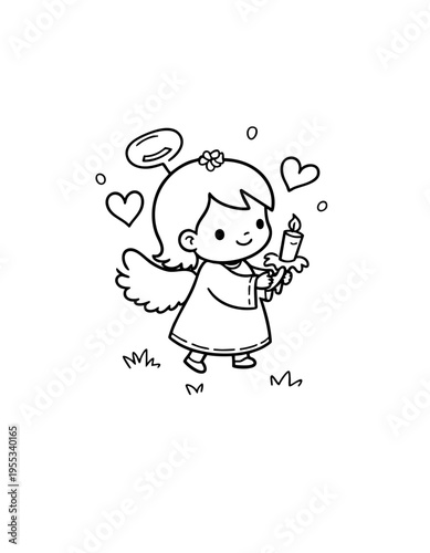 Simple outline of a cute little angel holding a candle coloring page