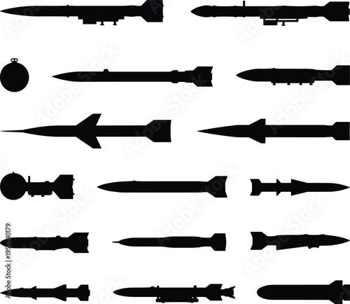 WebMilitary missile and rocket silhouettes set featuring ballistic missiles cruise rockets torpedoes and aerial bombs for defense and warfare icons