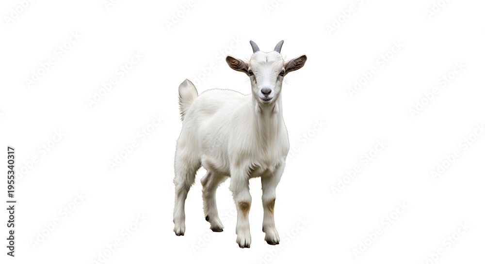 Fototapeta premium Standing white goat with small horns and alert expression