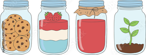 WebSet of four mason jars with cookies, layered strawberry dessert, red jam, and a growing green plant, flat vector, kitchen.