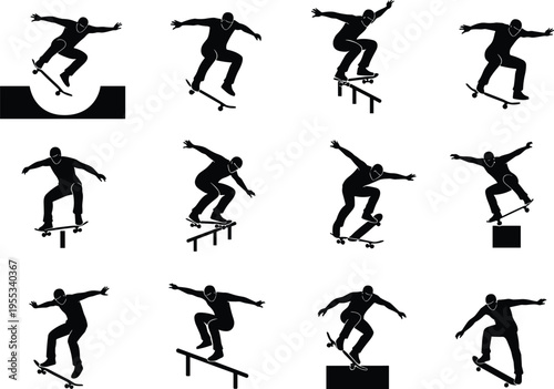 WebSkateboarder silhouette set with skaters performing tricks on rails halfpipe and ramps for extreme sports street culture and youth lifestyle