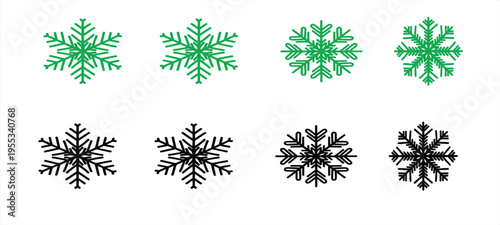 Collection of seven unique snowflakes in green and black on white background