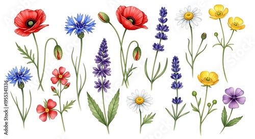 Hand-drawn set of colorful wildflowers with varied shapes and vibrant hues