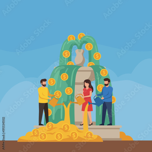 An eye-catching illustration of a fountain beautifully pouring out gold coins and cash with people joyfully participating, representing wealth, prosperity, and abundance in life.