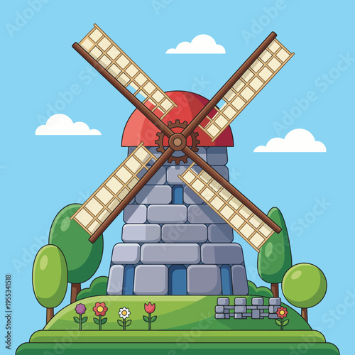 A picturesque illustration of a classic windmill elegantly situated among blooming flowers and green trees, symbolizing peace, harmony with nature, and simplicity in rural landscapes.
