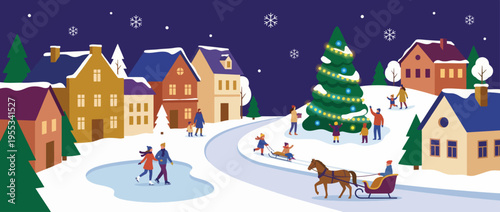 A delightful winter scene captures the essence of the holiday season, featuring people skating, sledding, and decorating a Christmas tree in a cozy village setting.