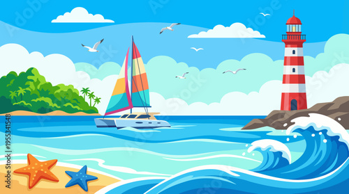 This picturesque image depicts a vibrant coastal scene with sailboats gliding over blue waters, a stunning lighthouse, and a perfect beach, embodying relaxation and adventure.