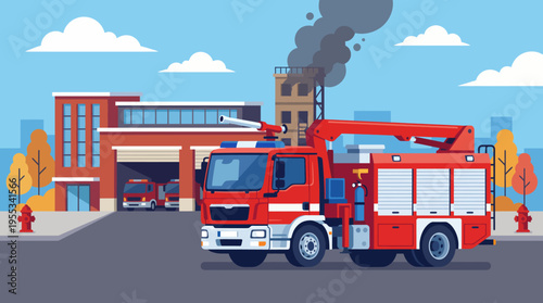 This colorful illustration depicts a fire truck parked at a fire station, representing courage, community safety, and the heroism of firefighters in protecting lives and property.
