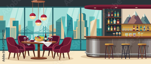 A vibrant restaurant interior featuring a stylish bar, scenic city skyline, and a cozy dining area, ideal for social gatherings or romantic dinners.