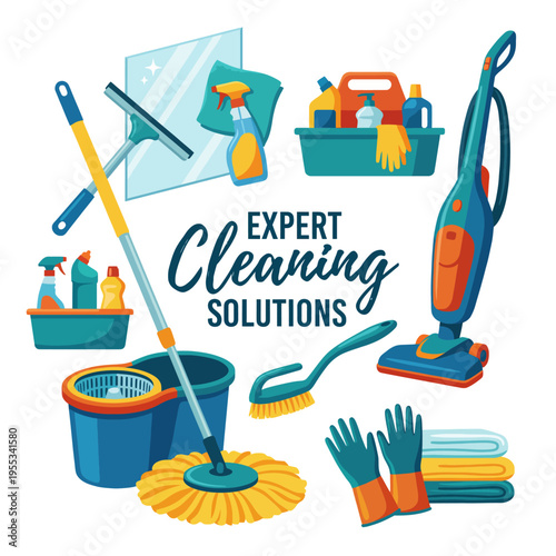 This vibrant illustration showcases various cleaning supplies and tools essential for maintaining a sparkling home environment, emphasizing organization and efficiency.
