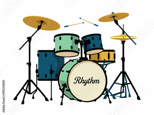 A vibrant drum set illustrating musical rhythm and creativity, featuring various colors and elements that capture the energy and passion of playing music.