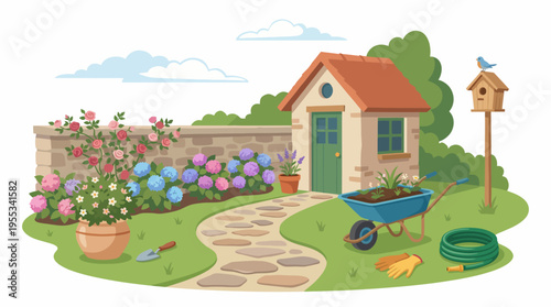 A picturesque garden scene featuring a charming cottage, blooming flowers, and well-maintained pathways, evoking feelings of tranquility and connection with nature.