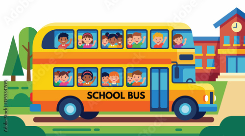 A cheerful illustration of a school bus filled with happy children, depicting the joy and excitement of school transportation and the essence of learning experiences.
