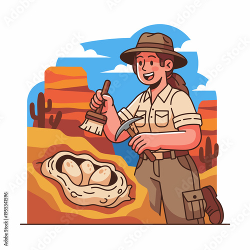 A cheerful paleontologist brushes dust away from an exciting dinosaur egg find, highlighting the thrill of discovery in paleontology and the beauty of nature's backdrop.