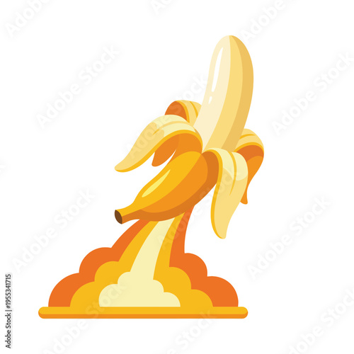 This vibrant illustration features a banana designed as a rocket, taking off with colorful exhaust, symbolizing creativity, fun, and imaginative adventures in food art.