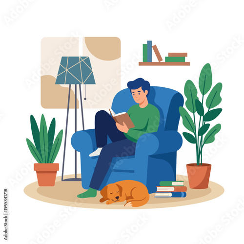 This warm illustration portrays a cozy reading nook featuring a person enjoying a book in a comfortable chair, complemented by houseplants and a sleeping dog for added warmth.